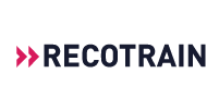 Recotrain-Logo mit blauem Schriftzug und stilisiertem Pfeil-Symbol