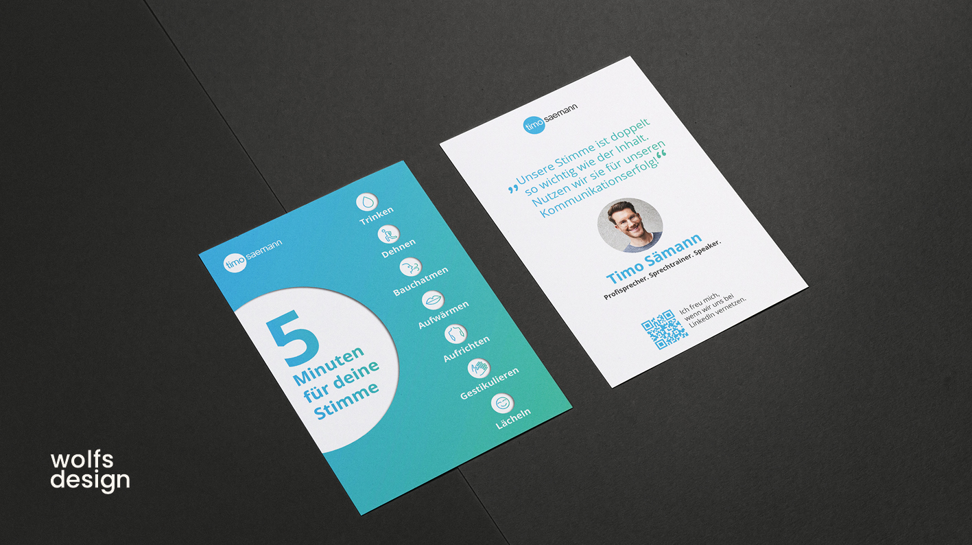 Postkartendesign für professionellen Sprecher Postkartendesign mit Aufzählungen und einem Zitat.