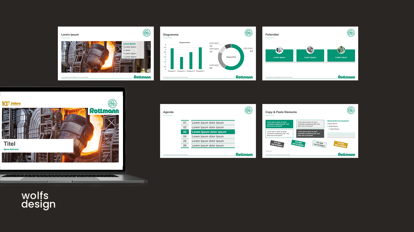 PowerPoint-Master Erich Rottmann Technik GmbH Präsentation eines PowerPoint-Masters inkl. Diagrammen und Grafiken auf einer Laptop-Bildschirmansicht in grüner Farbwelt