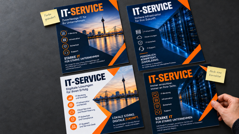 ier KI-generierte IT-Flyer auf dunklem Hintergrund mit Korrekturzetteln als Beispiel für unterschiedliche Entwürfe und nötige Nachbearbeitun