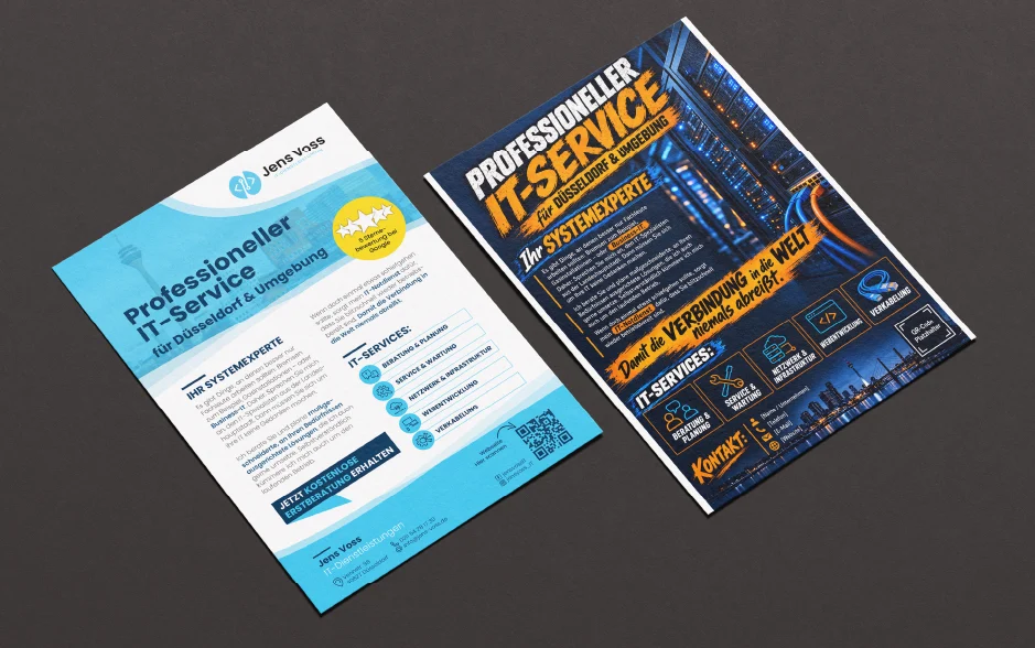 Gleicher Inhalt, unterschiedliche Gestaltung: links individuell gestalteter Flyer und rechts KI-generierter Entwurf im direkten Vergleich IT-Flyer im Vergleich: Gestaltung eines Grafikdesigners neben einer KI-generierten Variante mit denselben Inhalten.