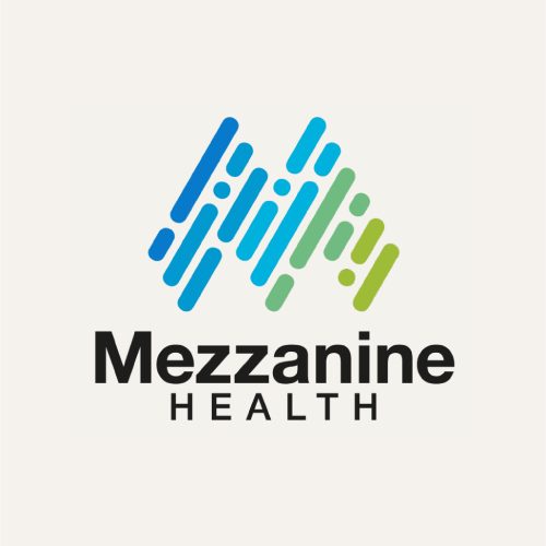 Logo Mezzanine Health (Kunde) Logo von Mezzanine Health mit blauen und grünen, streifenförmigen Elementen.