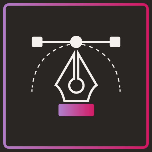 Icon Corporate Design Symbol eines Füllfederhalters mit stilisierten Kurven und einer bunten Hintergrundfläche.