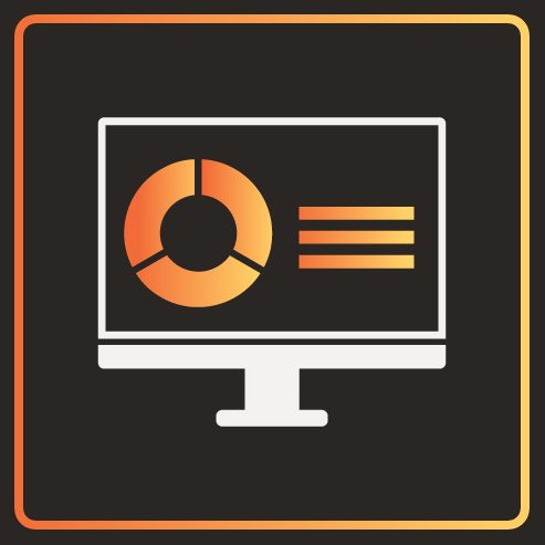 Icon PowerPoint-Design Grafik eines Monitors mit einem Kreisdiagramm und Textfeldern.