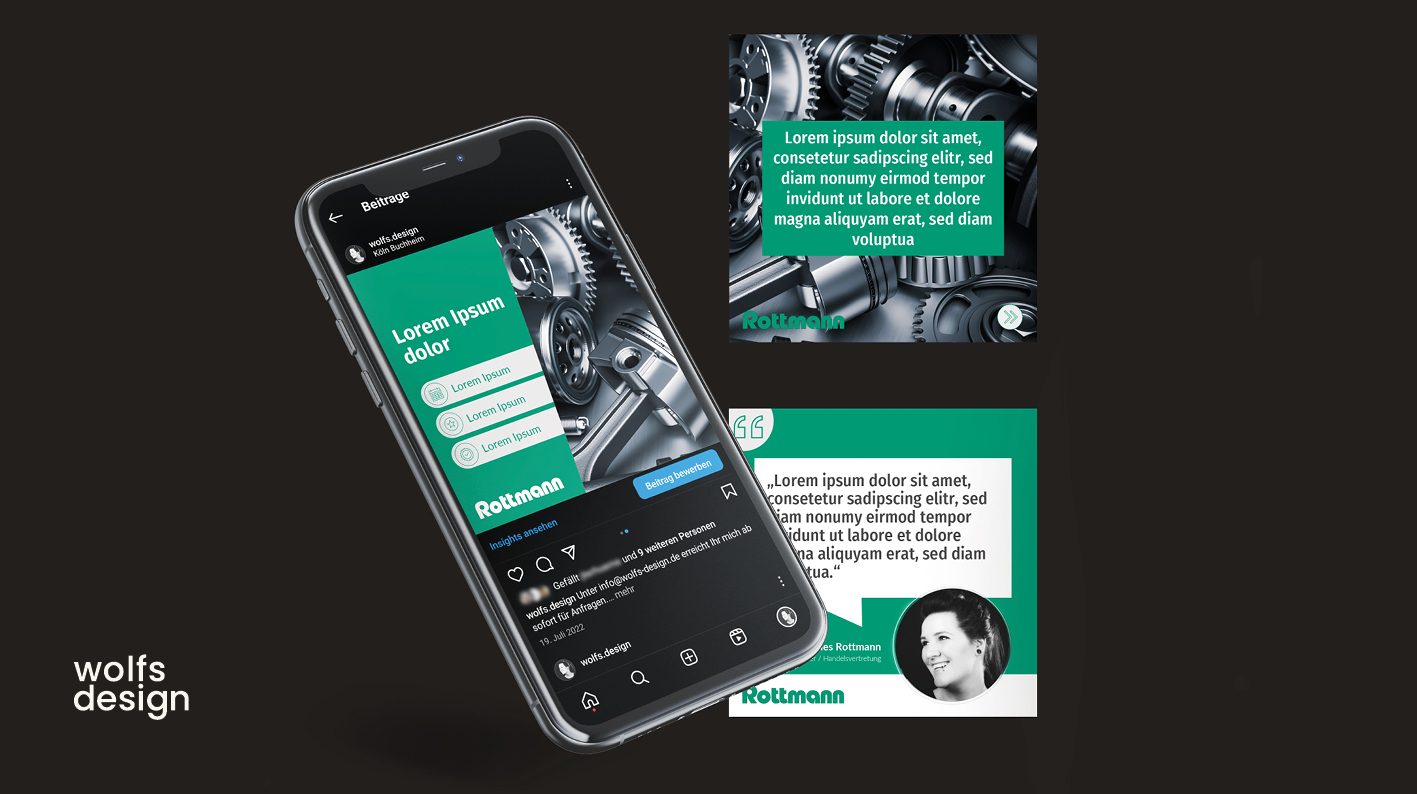 Social Media Vorlagen für Rottmann Technik GmbH Smartphone mit Social Media-Beiträgen und Grafiken in grün-weißer Farbgestaltung.