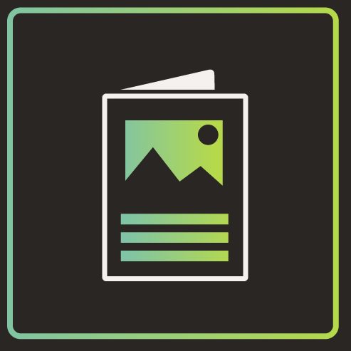 Icon Printdesign Symbol eines Open-Book-Designs mit Bild und Textzeilen in grünem Farbton.